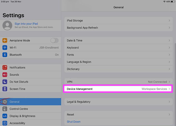 go to profile and device management